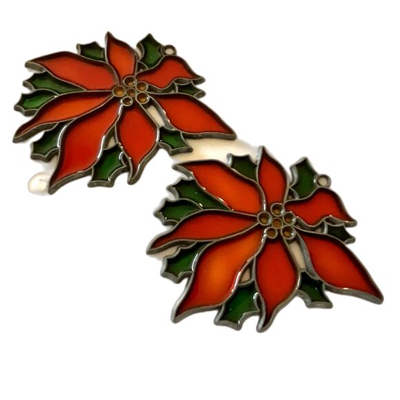 2 VINTAGE POINSETTIA STAINED Glass Style ORNAMENTS SUN CATCHERS  4" by 4.5" - Picture 1 of 3
